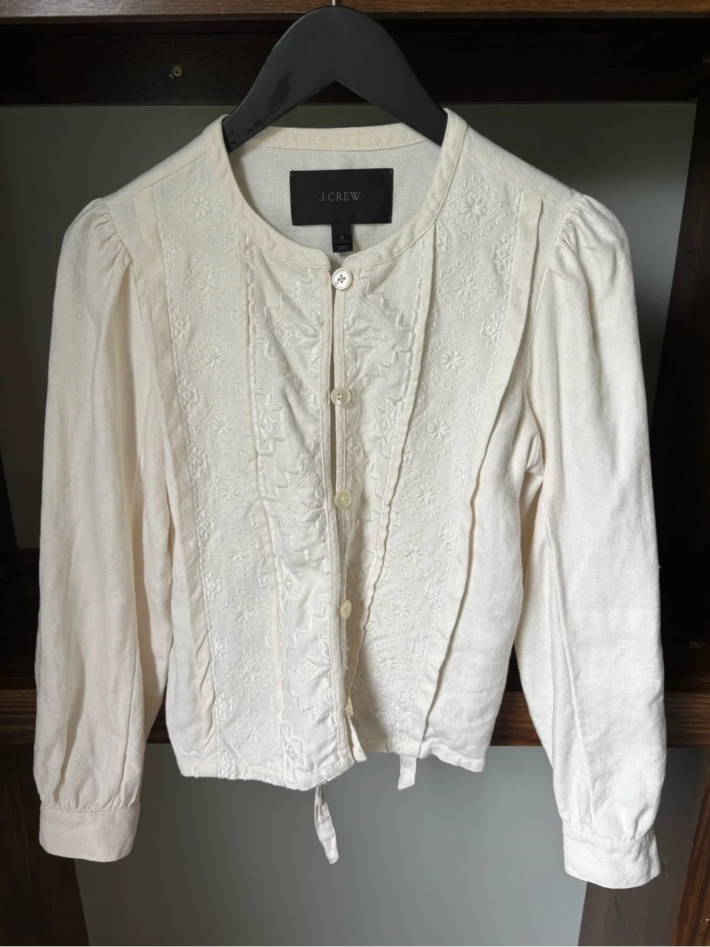 J.Crew Cream Embroidered Button-Front Tie-Waist Jacket